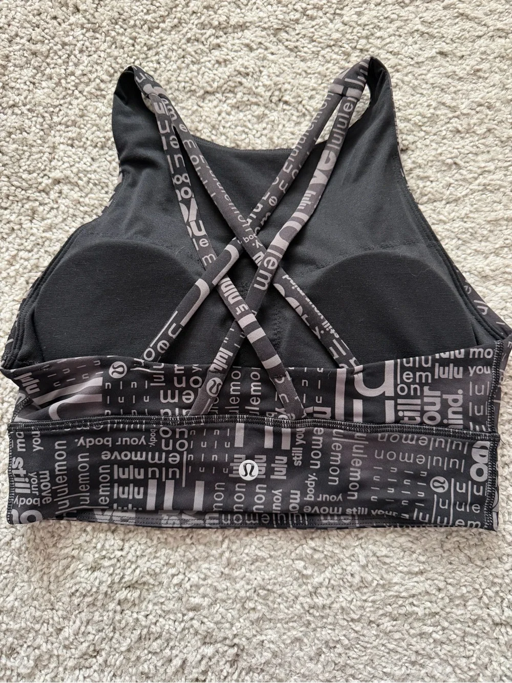 Lululemon Energy Longline Bra Logo Word Print Black Gray Size 6 Rare